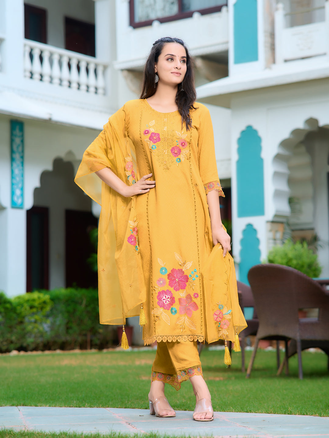 Hand & Machine Embroidered Kurta With Pant & Embroidered Dupatta, Yellow - Hiral Fashion