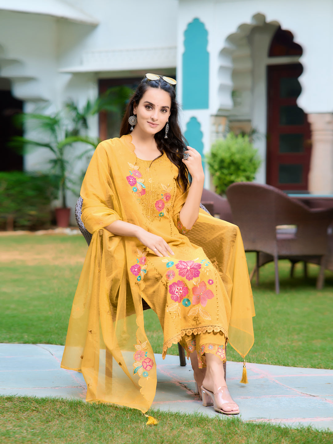Hand & Machine Embroidered Kurta With Pant & Embroidered Dupatta, Yellow - Hiral Fashion