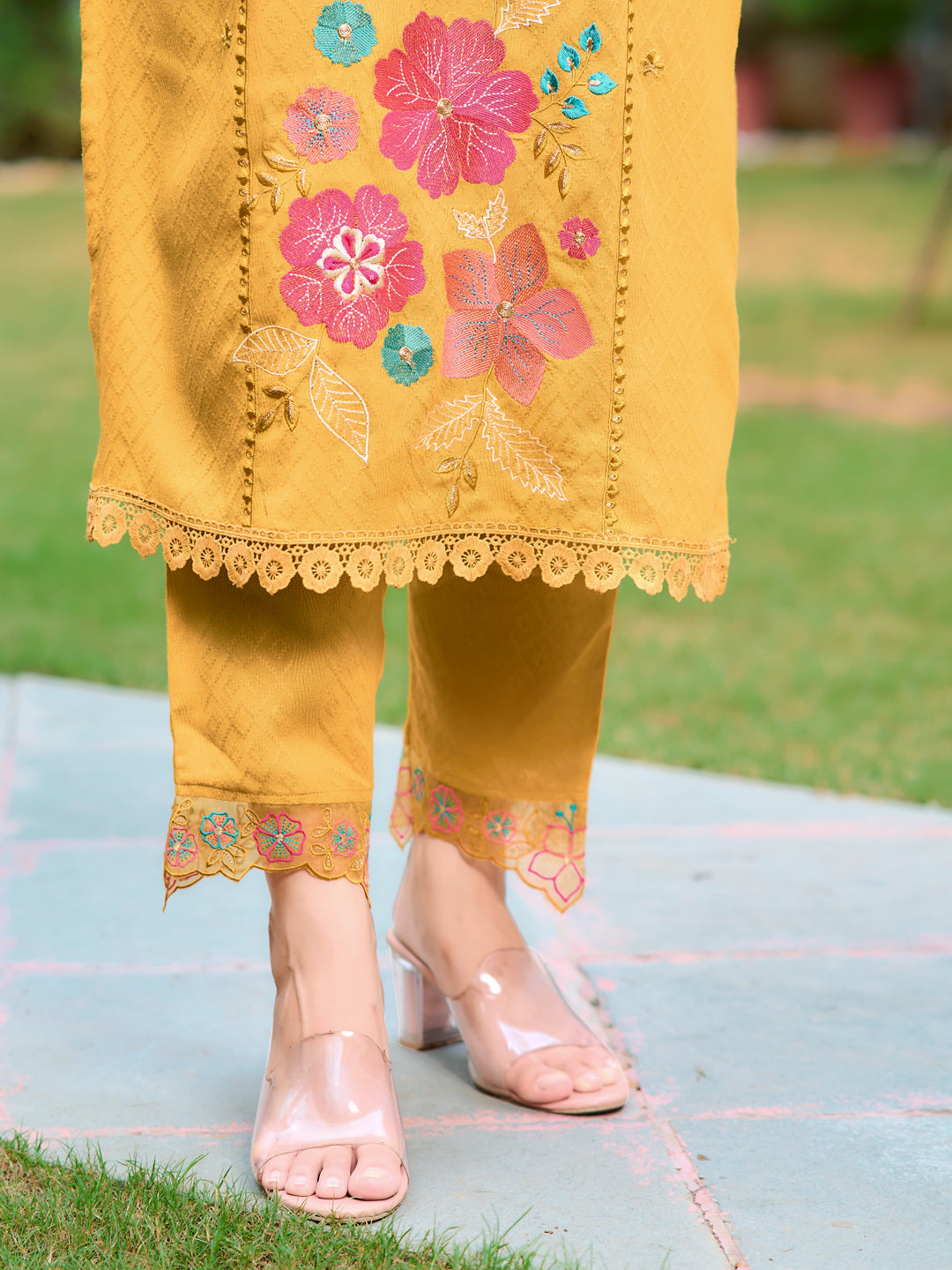 Hand & Machine Embroidered Kurta With Pant & Embroidered Dupatta, Yellow - Hiral Fashion