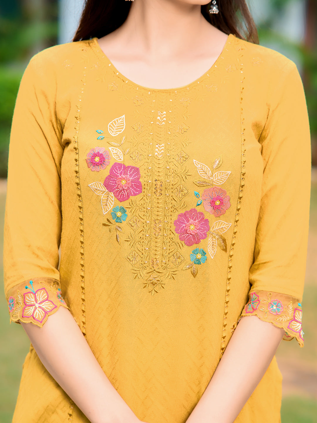 Hand & Machine Embroidered Kurta With Pant & Embroidered Dupatta, Yellow - Hiral Fashion