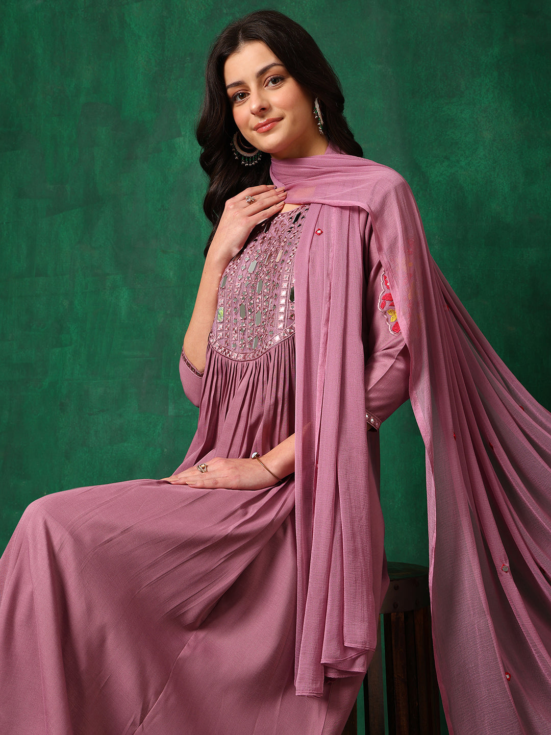 Mirror Embroidered Kurta With Pant & Embroidered Dupatta, Lavender - Hiral Fashion