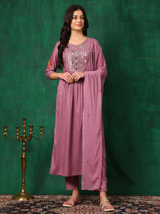 Mirror Embroidered Kurta With Pant & Embroidered Dupatta, Lavender - Hiral Fashion