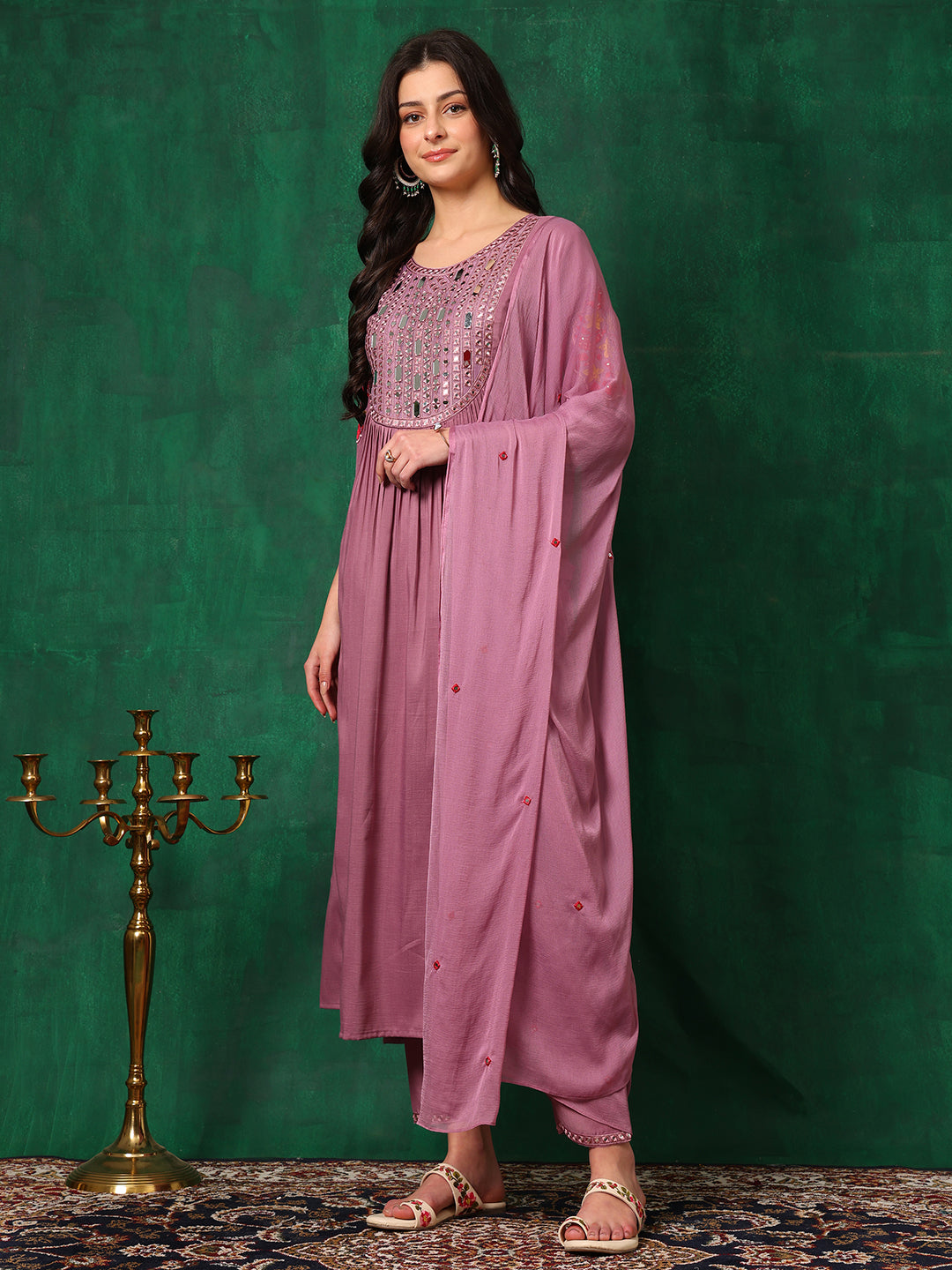 Mirror Embroidered Kurta With Pant & Embroidered Dupatta, Lavender - Hiral Fashion