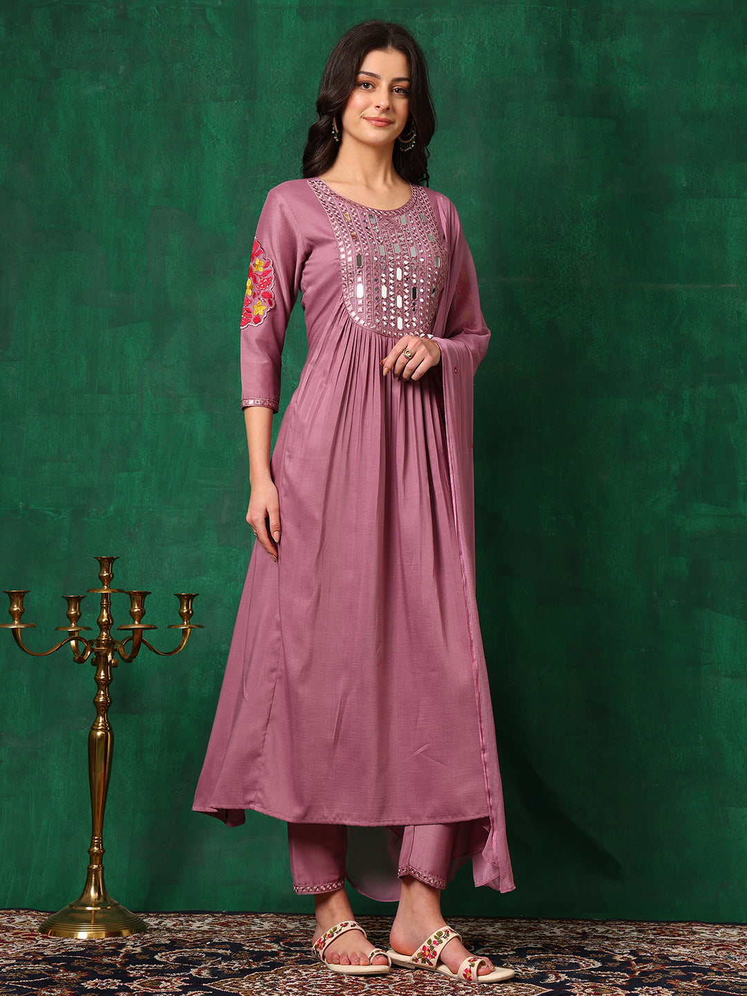 Mirror Embroidered Kurta With Pant & Embroidered Dupatta, Lavender - Hiral Fashion
