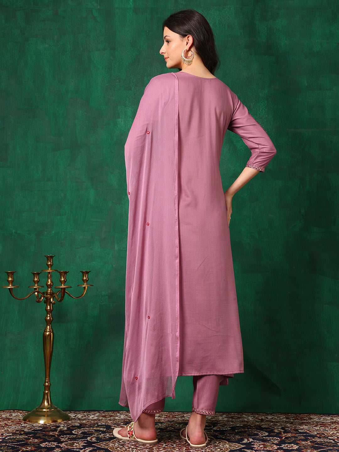 Mirror Embroidered Kurta With Pant & Embroidered Dupatta, Lavender - Hiral Fashion