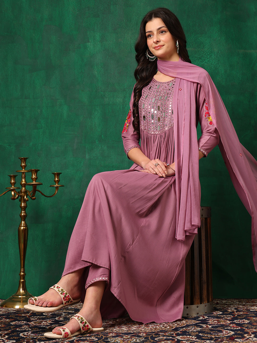 Mirror Embroidered Kurta With Pant & Embroidered Dupatta, Lavender - Hiral Fashion
