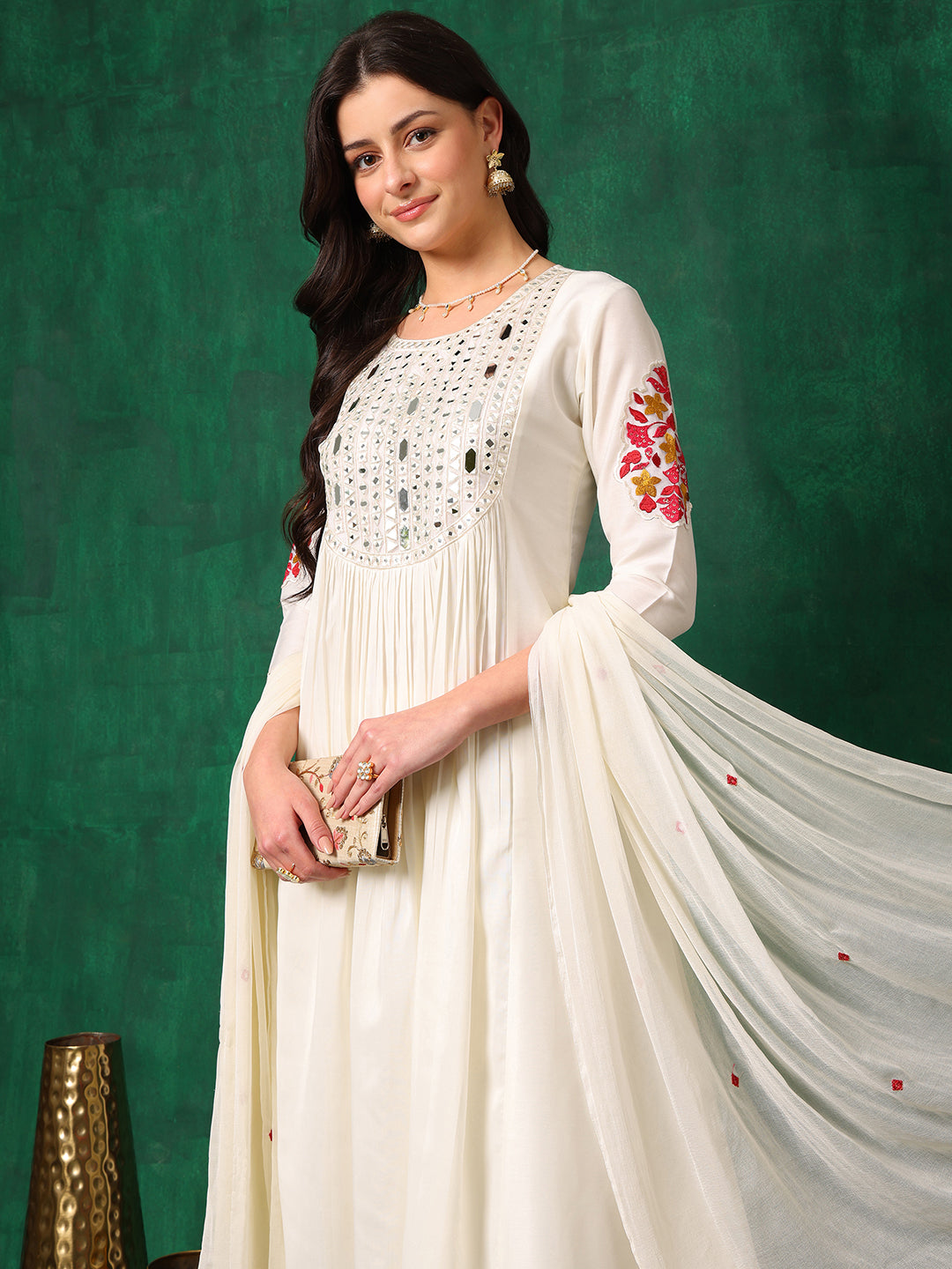 Mirror Embroidered Kurta With Pant & Embroidered Dupatta, White - Hiral Fashion