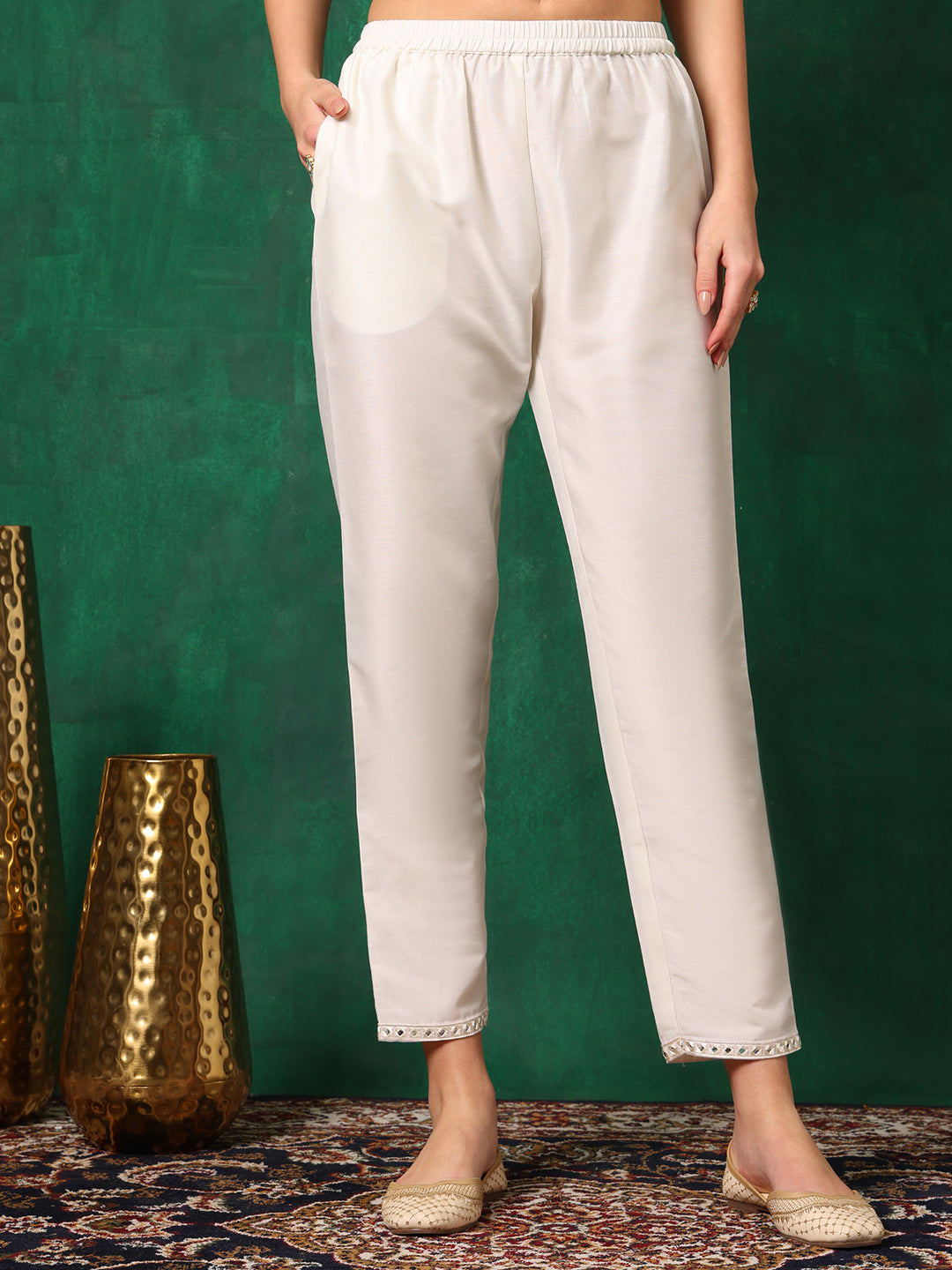Mirror Embroidered Kurta With Pant & Embroidered Dupatta, White - Hiral Fashion