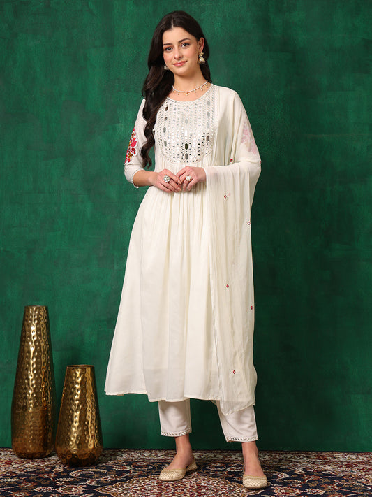 Mirror Embroidered Kurta With Pant & Embroidered Dupatta, White - Hiral Fashion