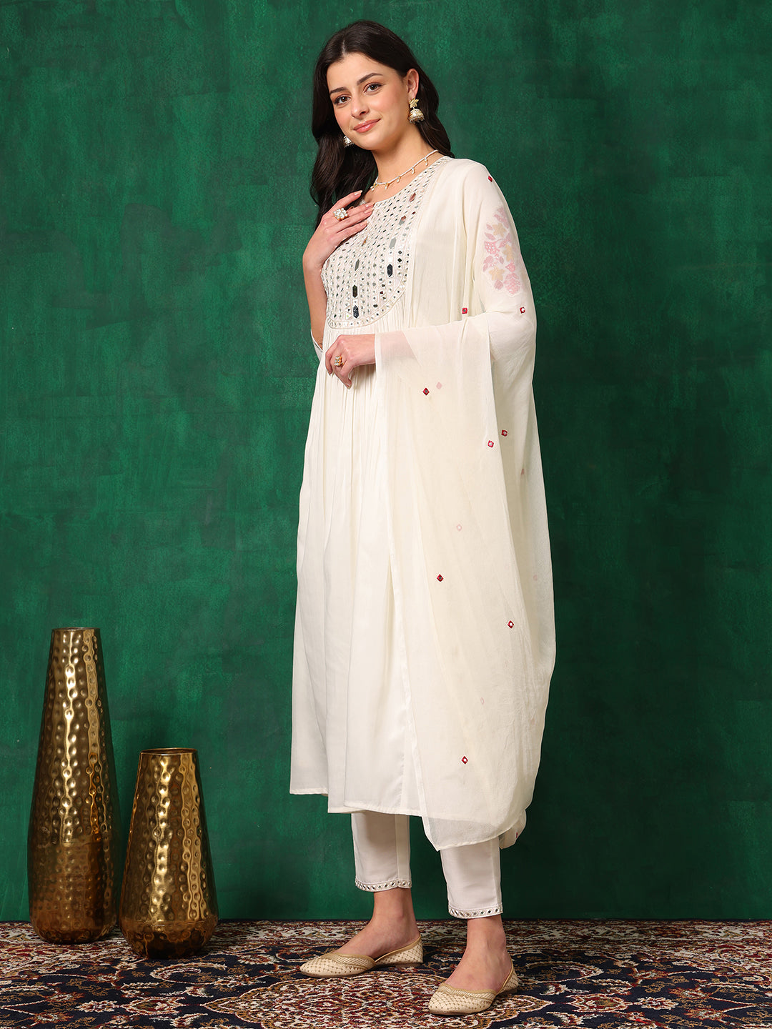 Mirror Embroidered Kurta With Pant & Embroidered Dupatta, White - Hiral Fashion