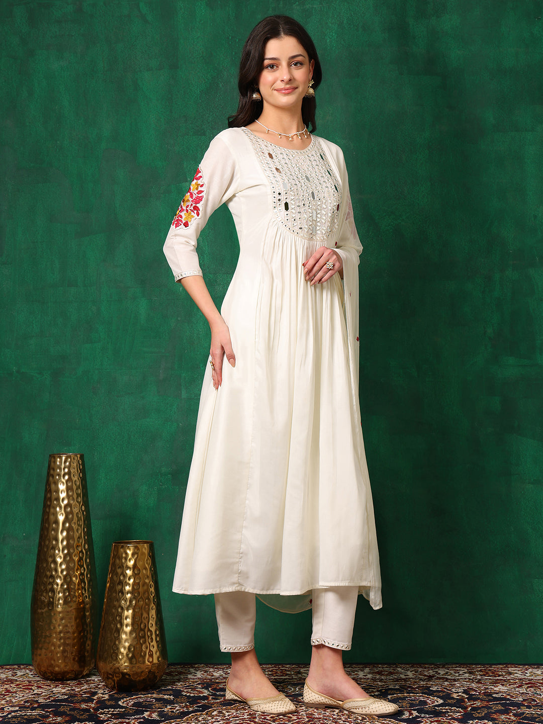 Mirror Embroidered Kurta With Pant & Embroidered Dupatta, White - Hiral Fashion