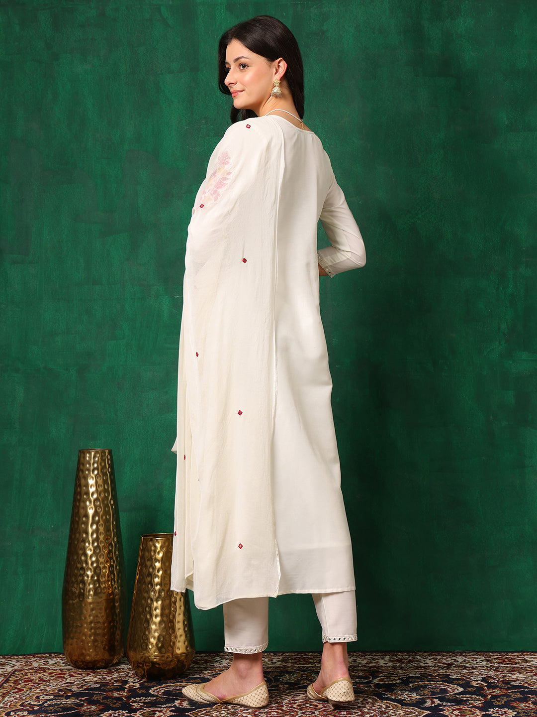 Mirror Embroidered Kurta With Pant & Embroidered Dupatta, White - Hiral Fashion