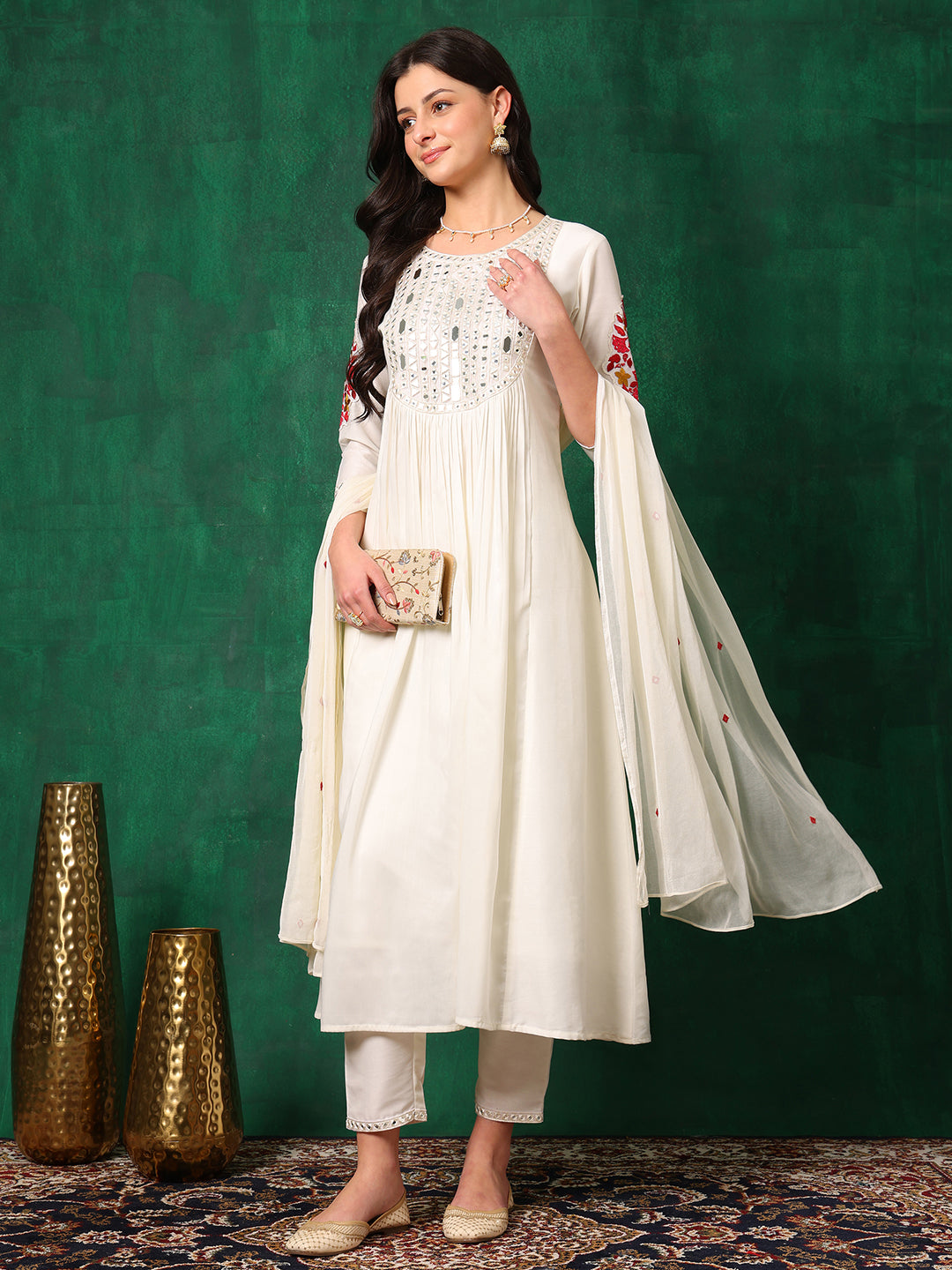 Mirror Embroidered Kurta With Pant & Embroidered Dupatta, White - Hiral Fashion