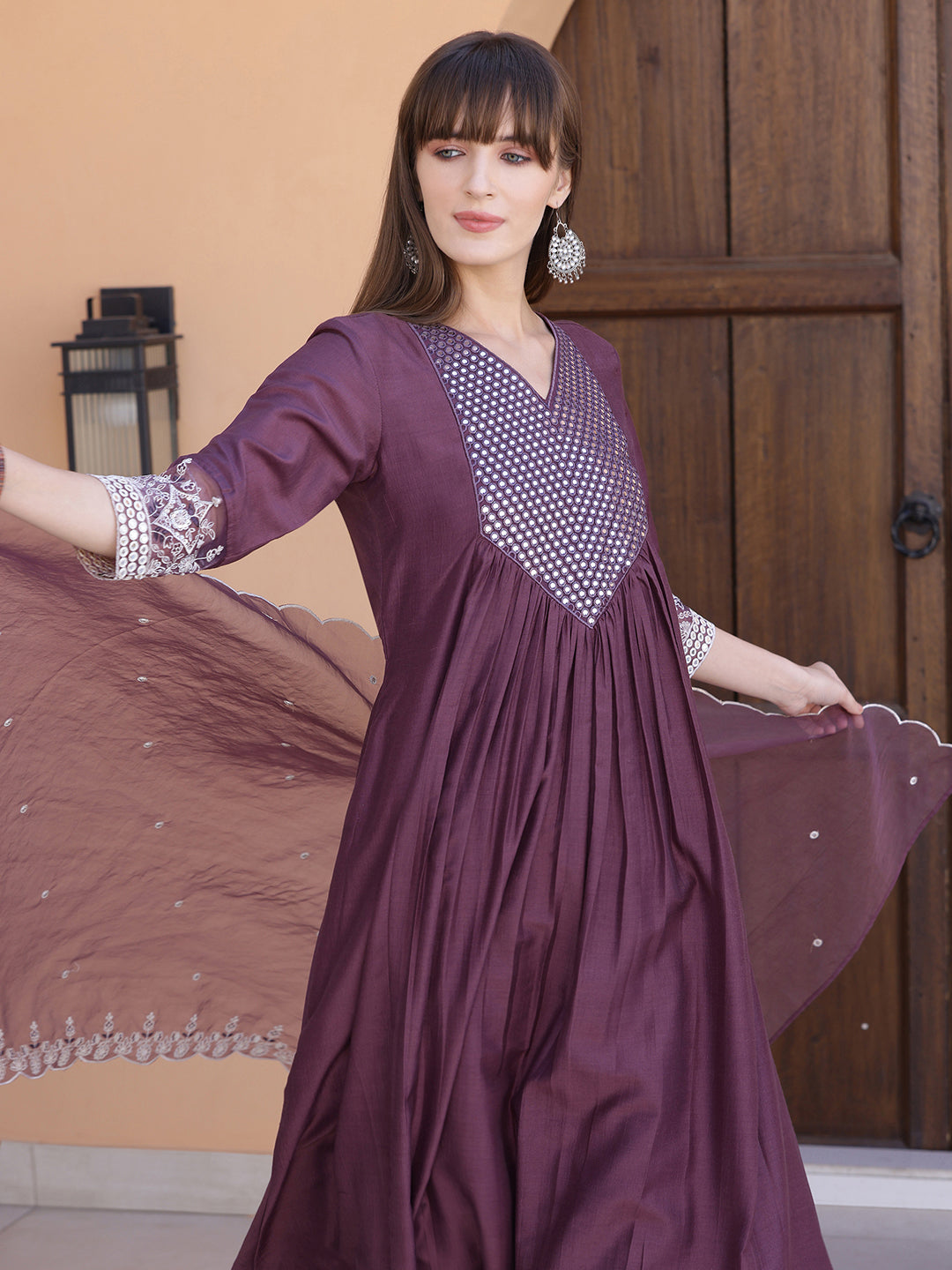 Mirror Embroidered Kurta With Pant & Embroidered Dupatta, Mauve - Hiral Fashion