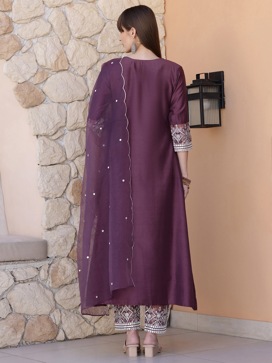 Mirror Embroidered Kurta With Pant & Embroidered Dupatta, Mauve - Hiral Fashion