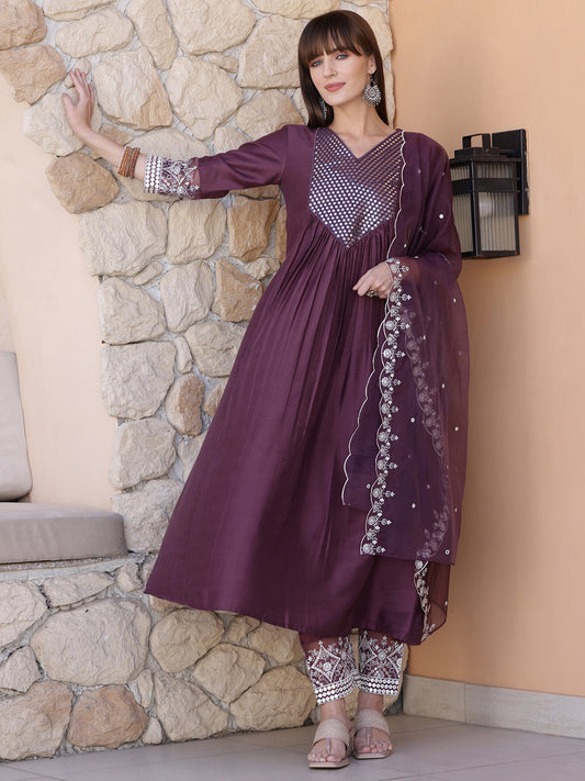 Mirror Embroidered Kurta With Pant & Embroidered Dupatta, Mauve - Hiral Fashion