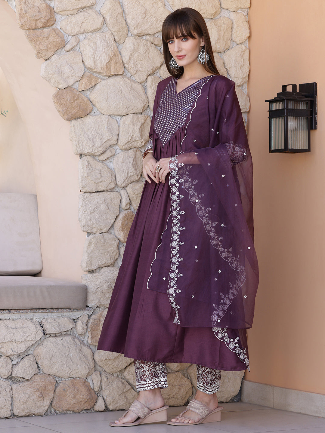 Mirror Embroidered Kurta With Pant & Embroidered Dupatta, Mauve - Hiral Fashion