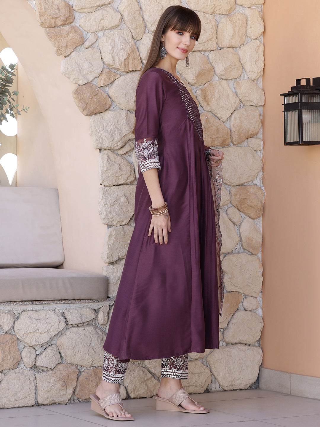 Mirror Embroidered Kurta With Pant & Embroidered Dupatta, Mauve - Hiral Fashion