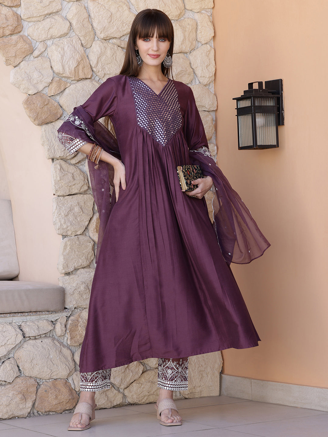 Mirror Embroidered Kurta With Pant & Embroidered Dupatta, Mauve - Hiral Fashion