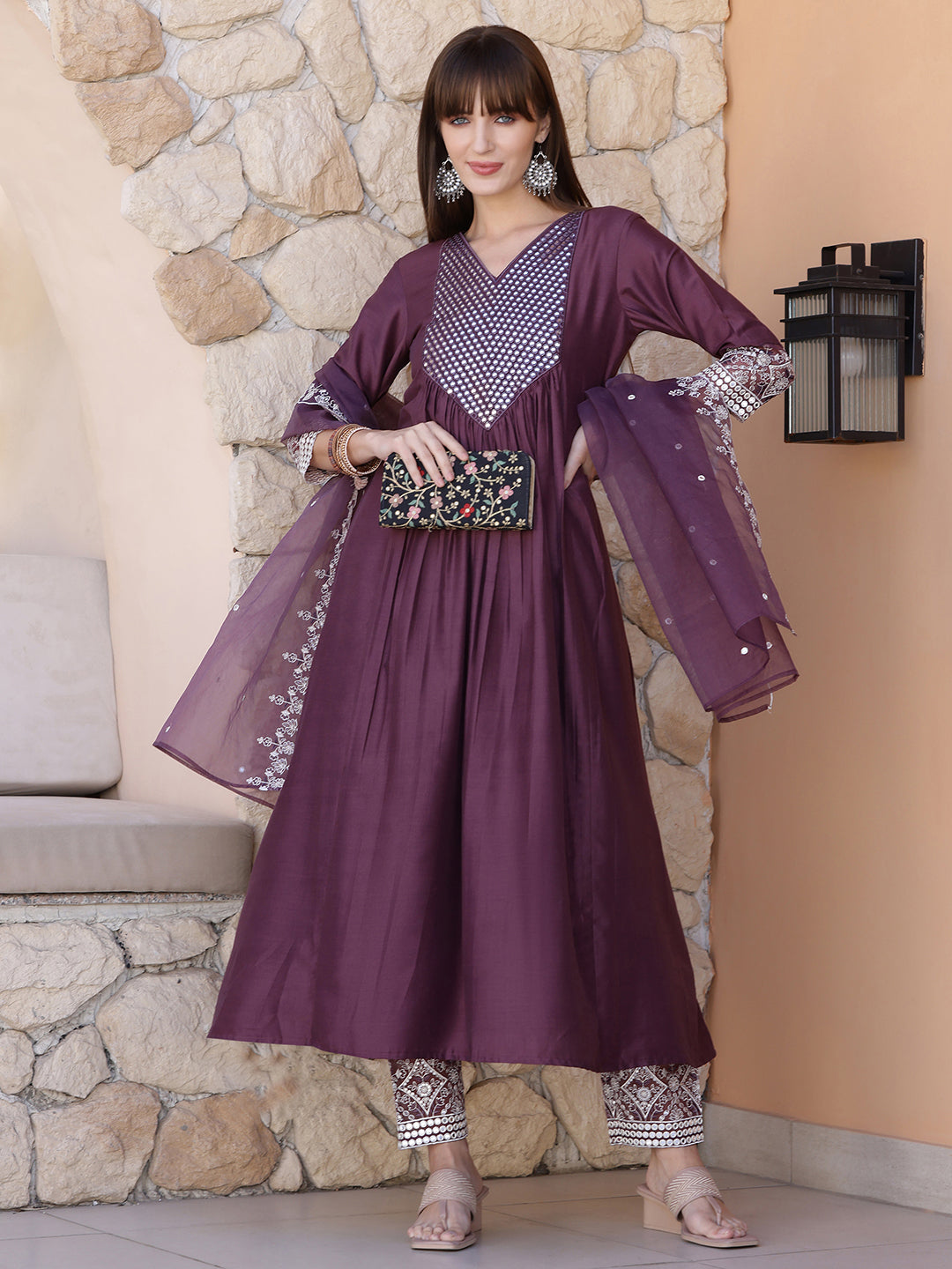Mirror Embroidered Kurta With Pant & Embroidered Dupatta, Mauve - Hiral Fashion