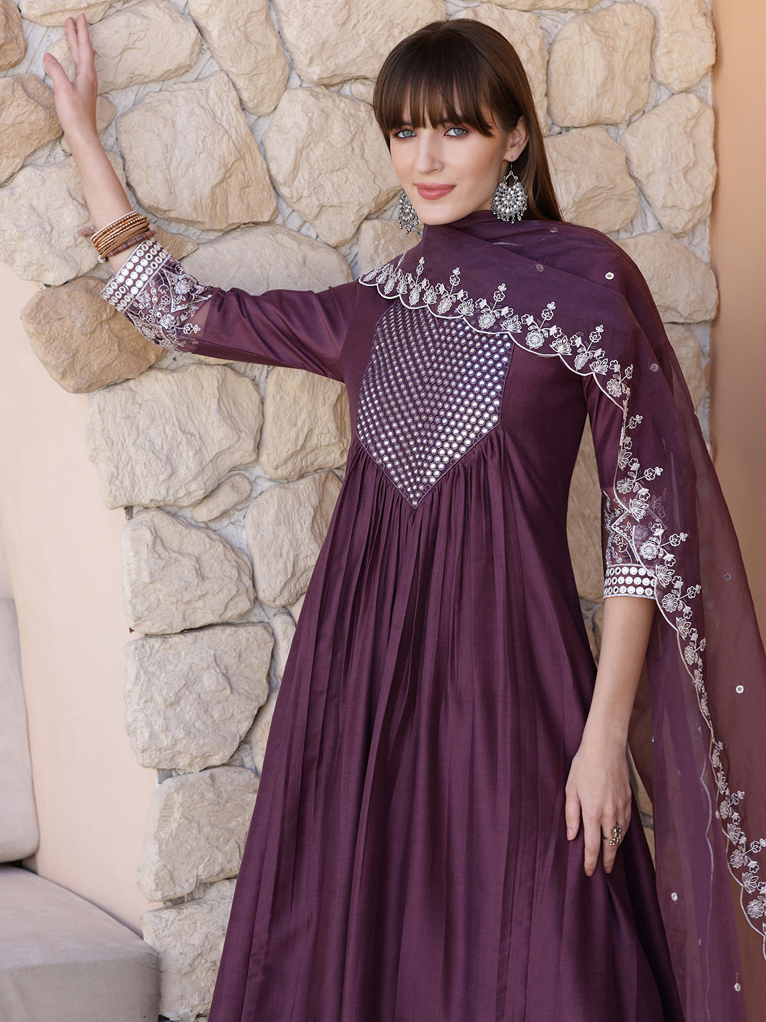 Mirror Embroidered Kurta With Pant & Embroidered Dupatta, Mauve - Hiral Fashion