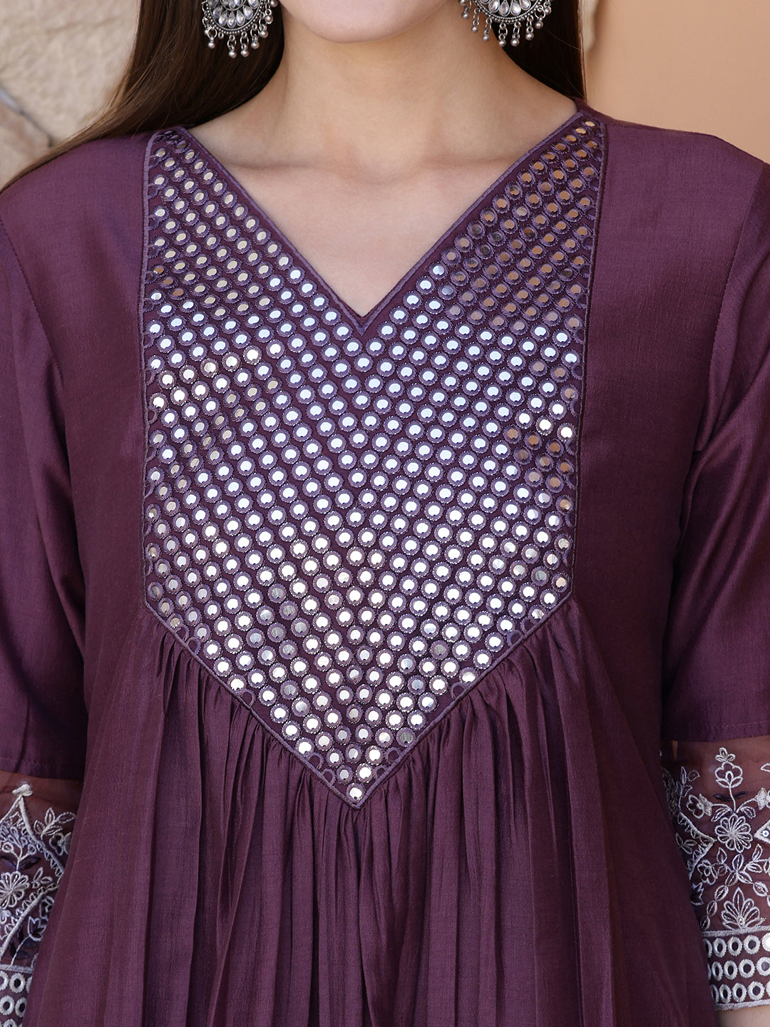 Mirror Embroidered Kurta With Pant & Embroidered Dupatta, Mauve - Hiral Fashion