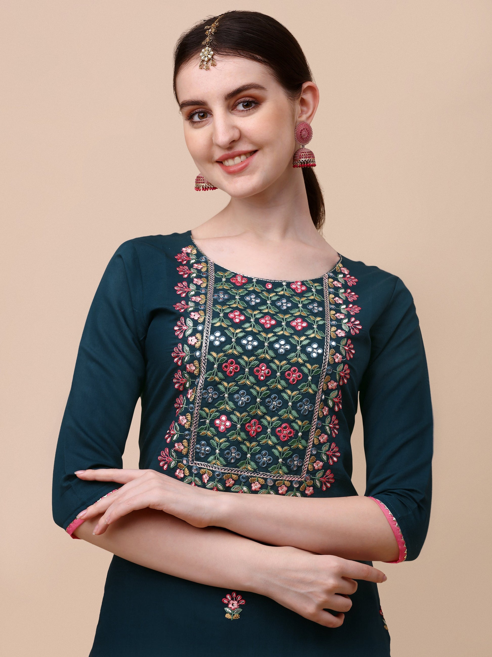Mirror Embroidered Kurta With Pant & Dupatta Set, Multicolor - Hiral Fashion