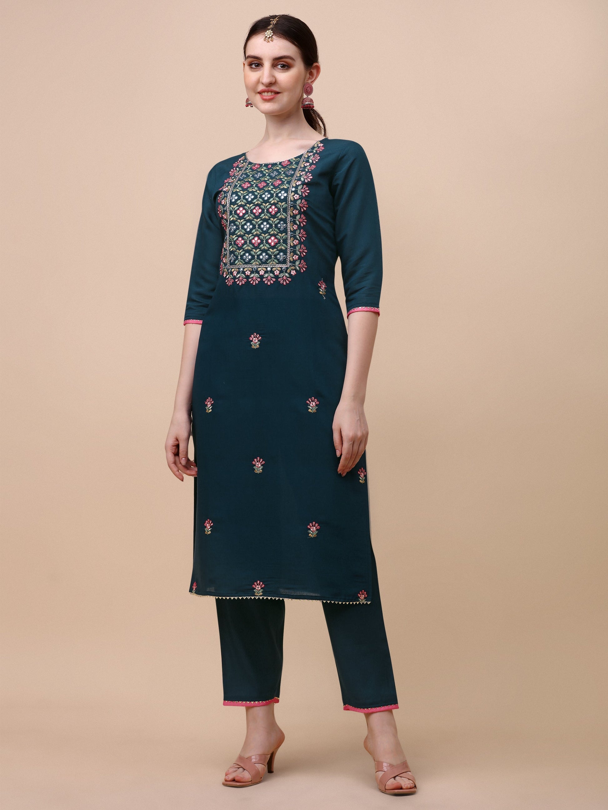 Mirror Embroidered Kurta With Pant & Dupatta Set, Multicolor - Hiral Fashion