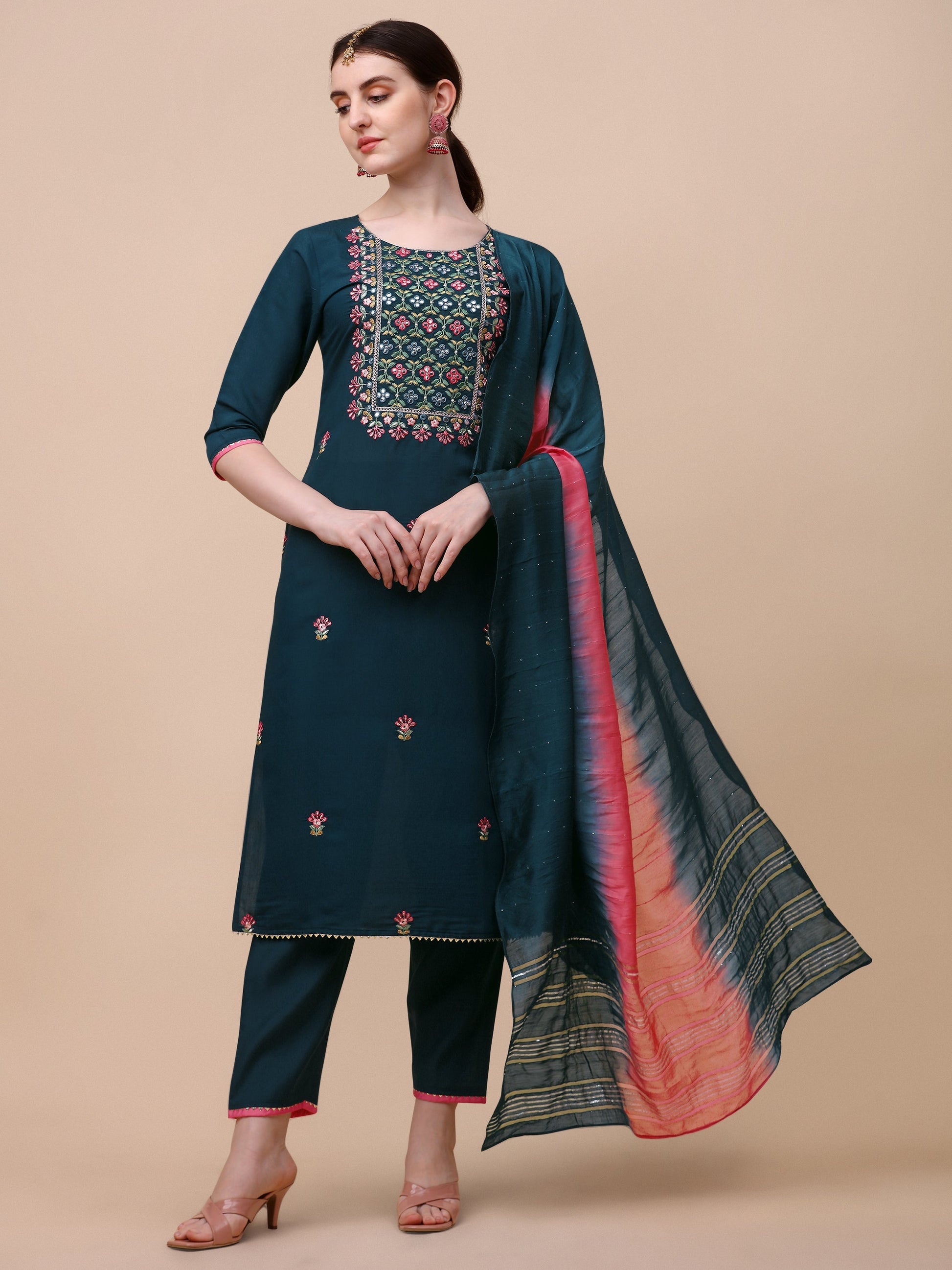 Mirror Embroidered Kurta With Pant & Dupatta Set, Multicolor - Hiral Fashion
