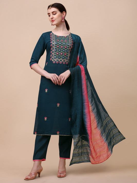 Mirror Embroidered Kurta With Pant & Dupatta Set, Multicolor - Hiral Fashion