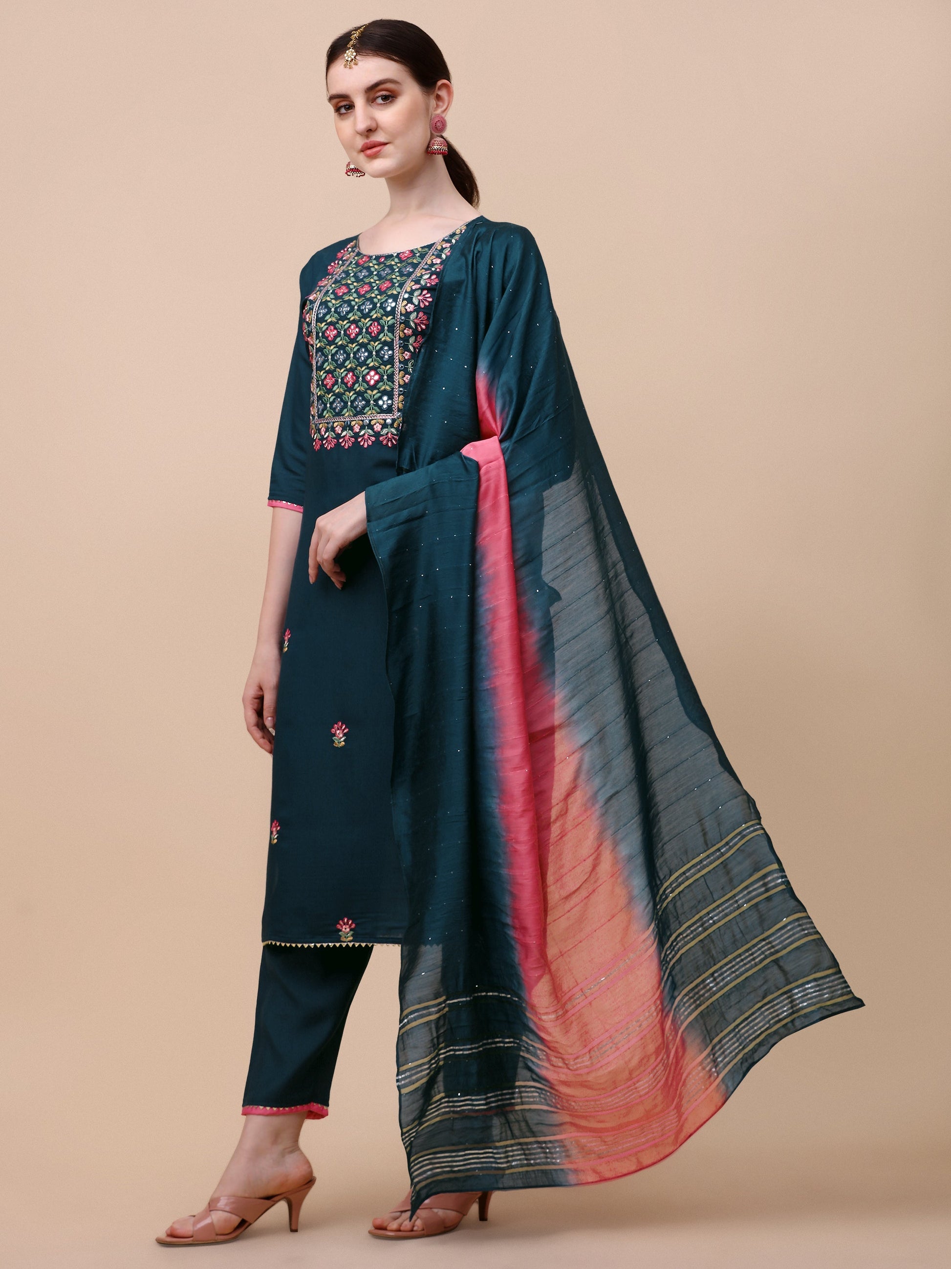 Mirror Embroidered Kurta With Pant & Dupatta Set, Multicolor - Hiral Fashion
