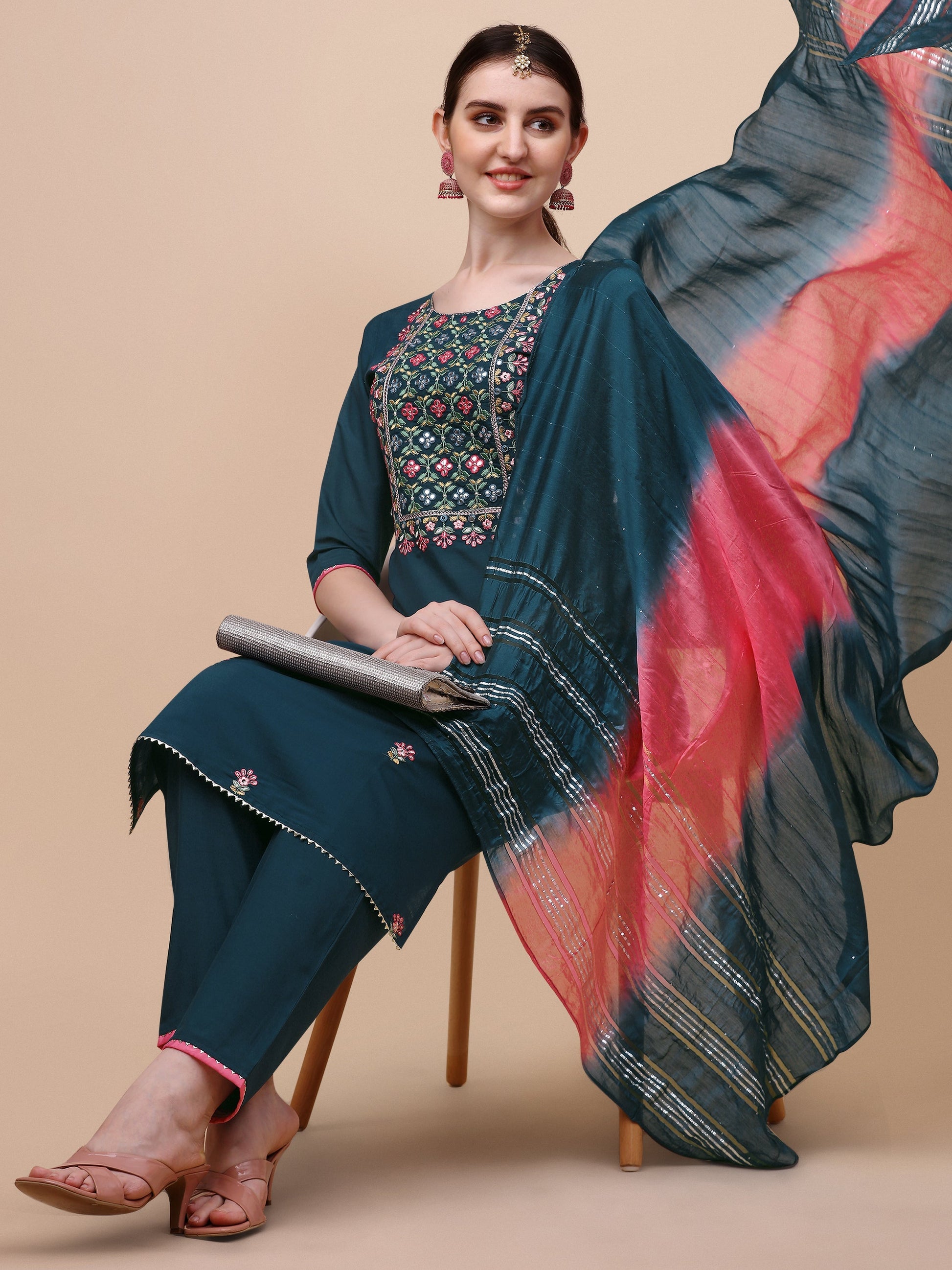 Mirror Embroidered Kurta With Pant & Dupatta Set, Multicolor - Hiral Fashion