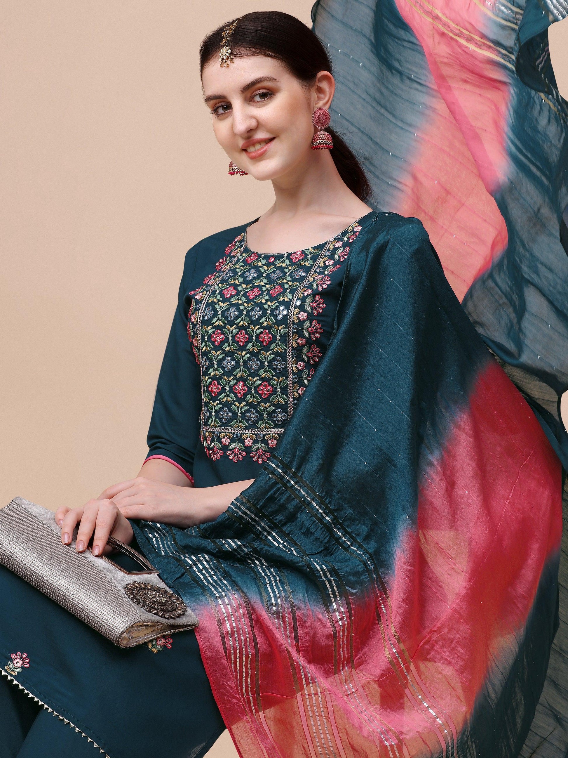 Mirror Embroidered Kurta With Pant & Dupatta Set, Multicolor - Hiral Fashion