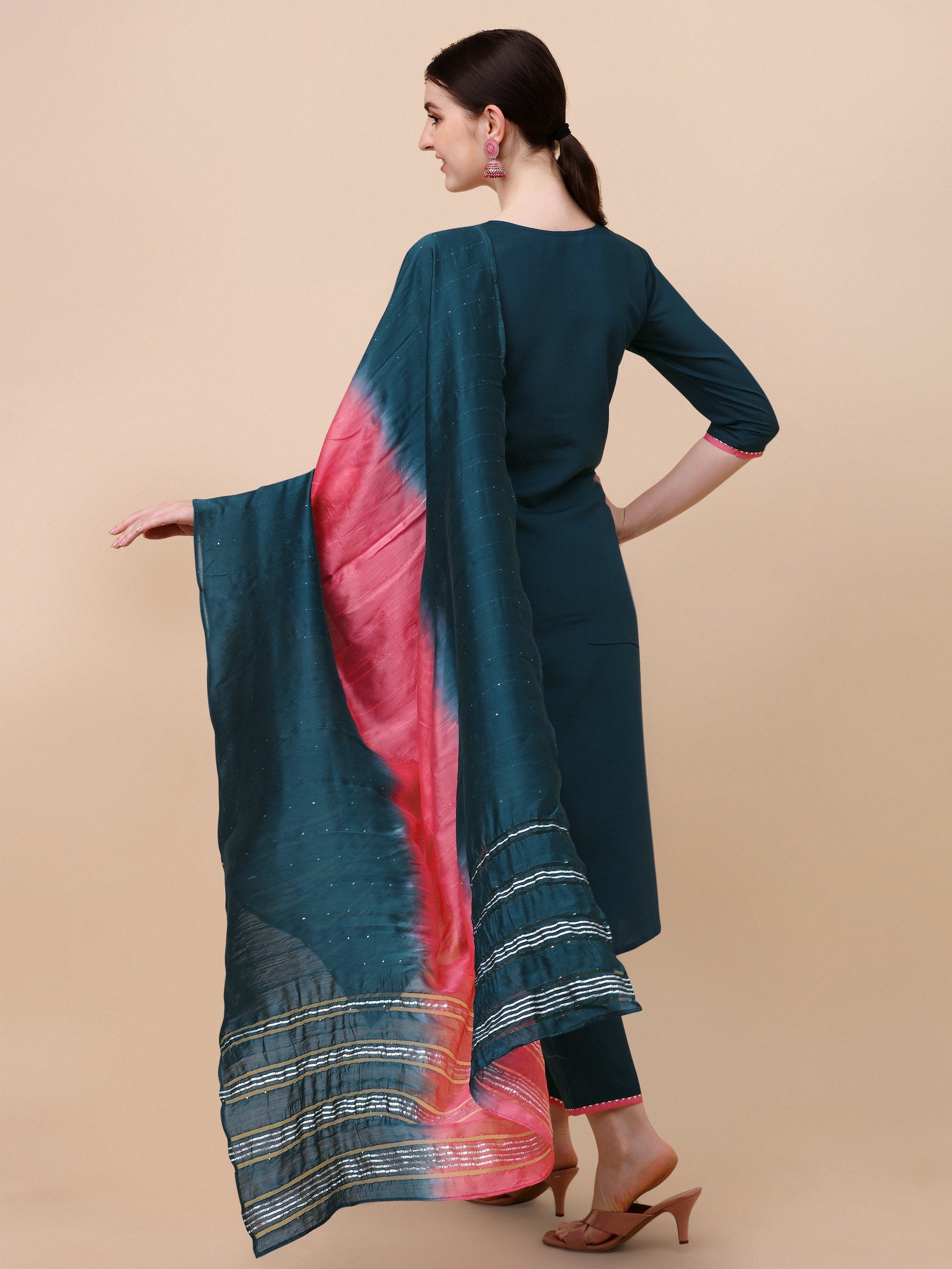 Mirror Embroidered Kurta With Pant & Dupatta Set, Multicolor - Hiral Fashion