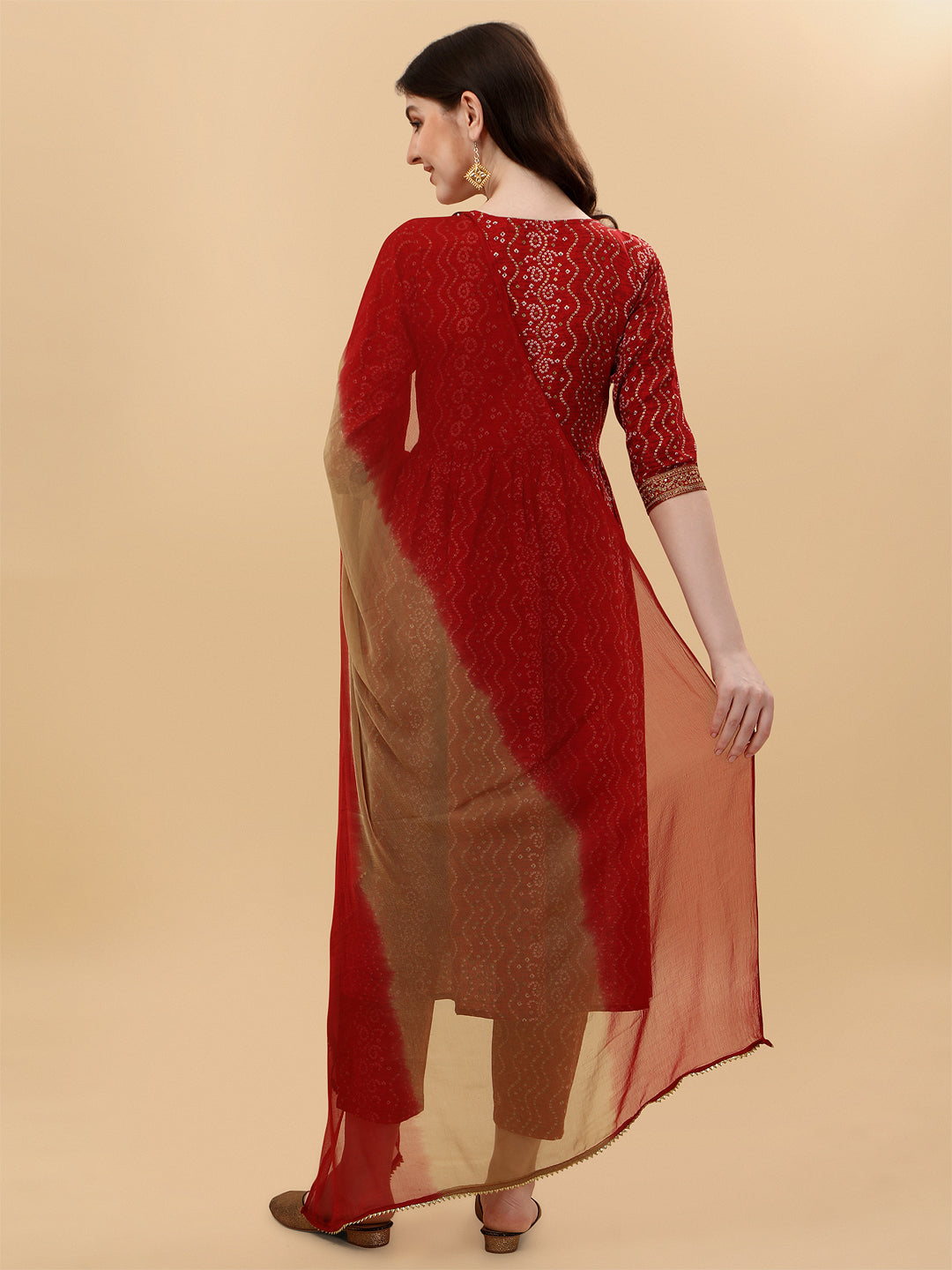 Nayra Cut Bandhani Printed & Embroidered Kurta With Pant & Dupatta Set, Multicolor - Hiral Fashion
