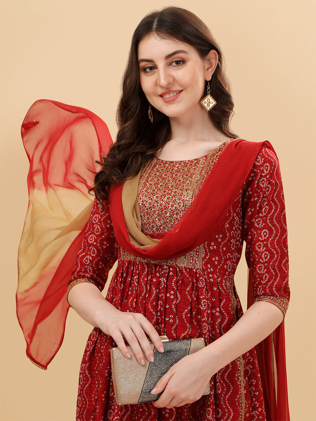 Nayra Cut Bandhani Printed & Embroidered Kurta With Pant & Dupatta Set, Multicolor - Hiral Fashion