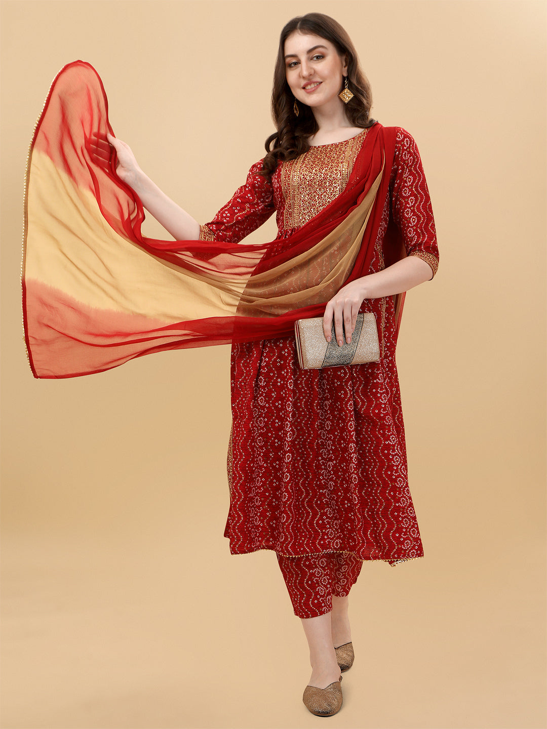 Nayra Cut Bandhani Printed & Embroidered Kurta With Pant & Dupatta Set, Multicolor - Hiral Fashion