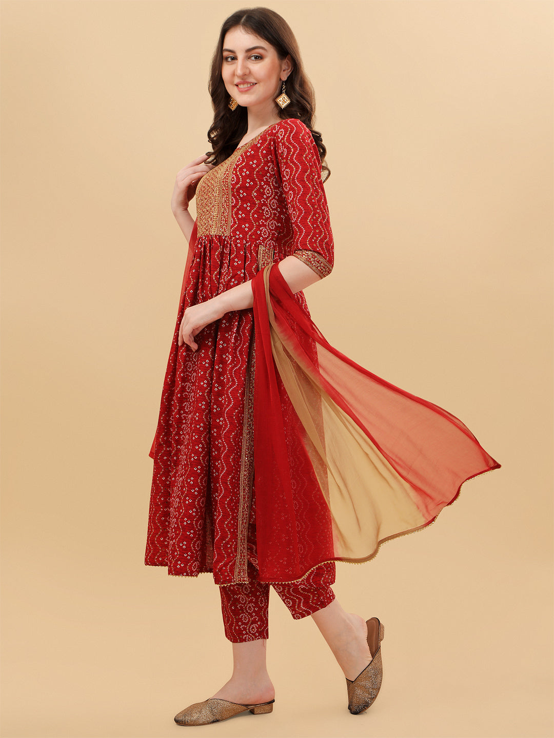 Nayra Cut Bandhani Printed & Embroidered Kurta With Pant & Dupatta Set, Multicolor - Hiral Fashion