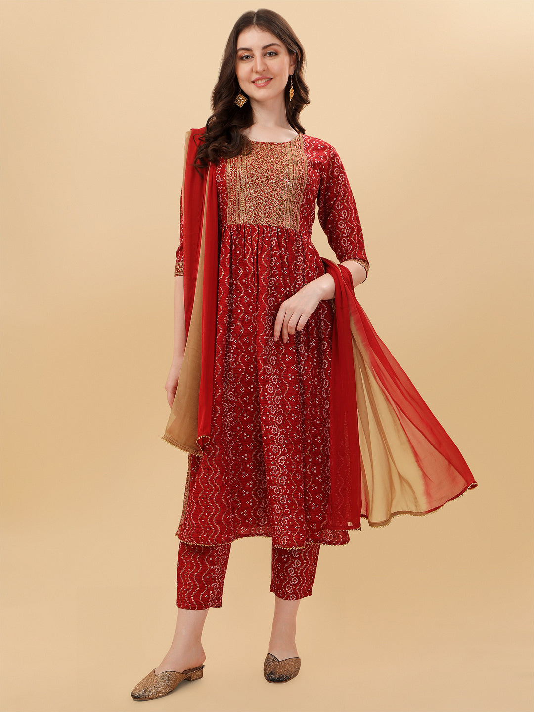 Nayra Cut Bandhani Printed & Embroidered Kurta With Pant & Dupatta Set, Multicolor - Hiral Fashion