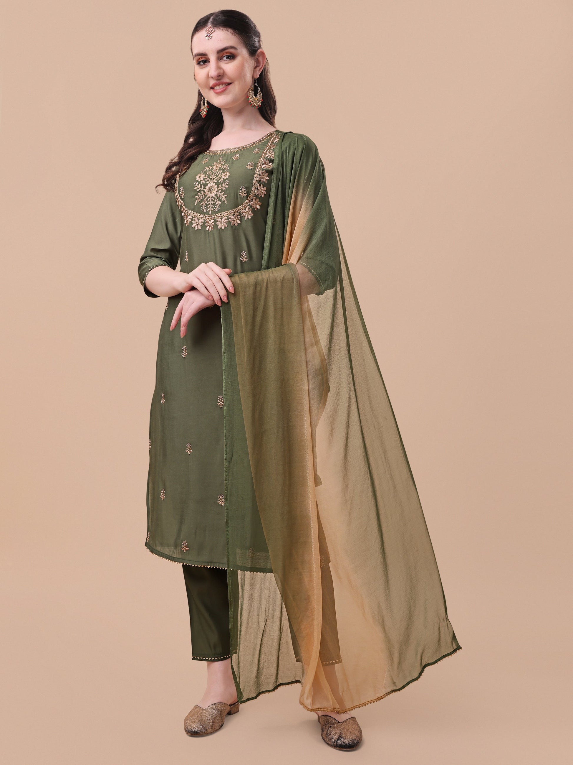 Embroidered Kurta With Pant And Dupatta Set, Multicolor - Hiral Fashion