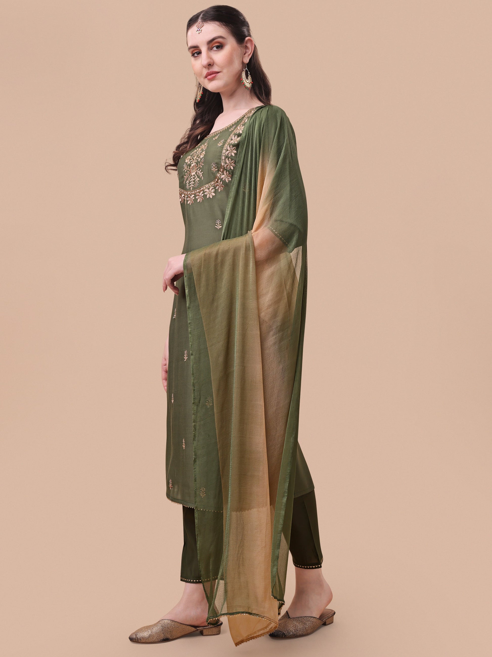 Embroidered Kurta With Pant And Dupatta Set, Multicolor - Hiral Fashion