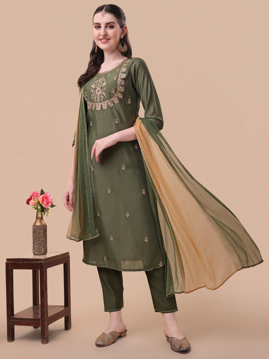 Embroidered Kurta With Pant And Dupatta Set, Multicolor - Hiral Fashion