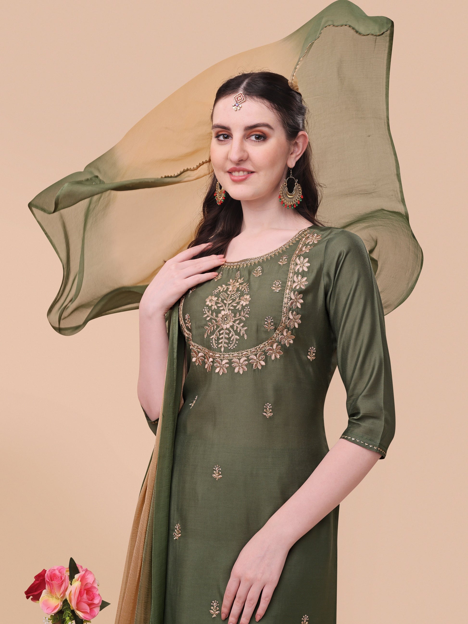 Embroidered Kurta With Pant And Dupatta Set, Multicolor - Hiral Fashion