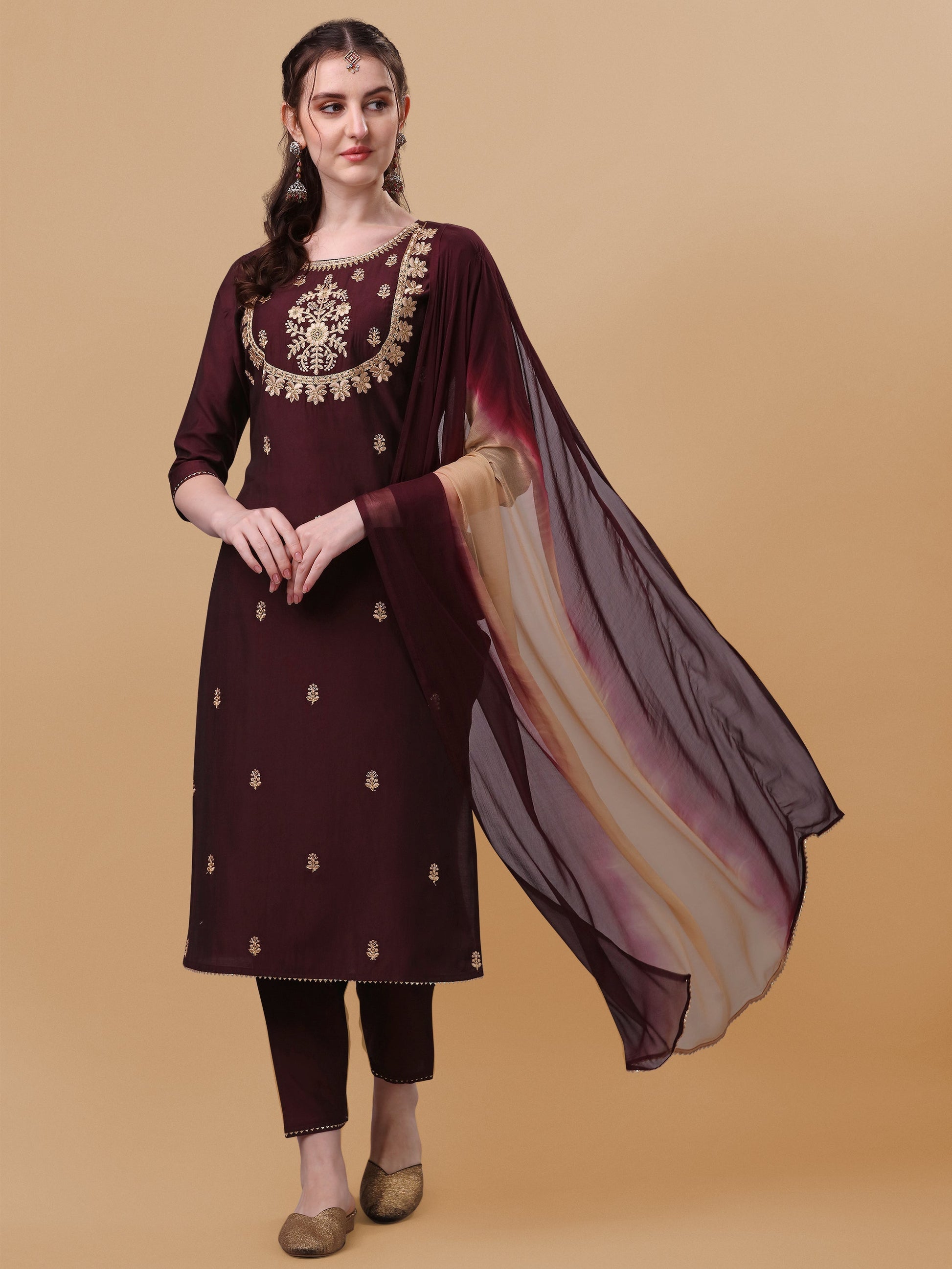 Embroidered Kurta With Pant And Dupatta Set, Multicolor - Hiral Fashion