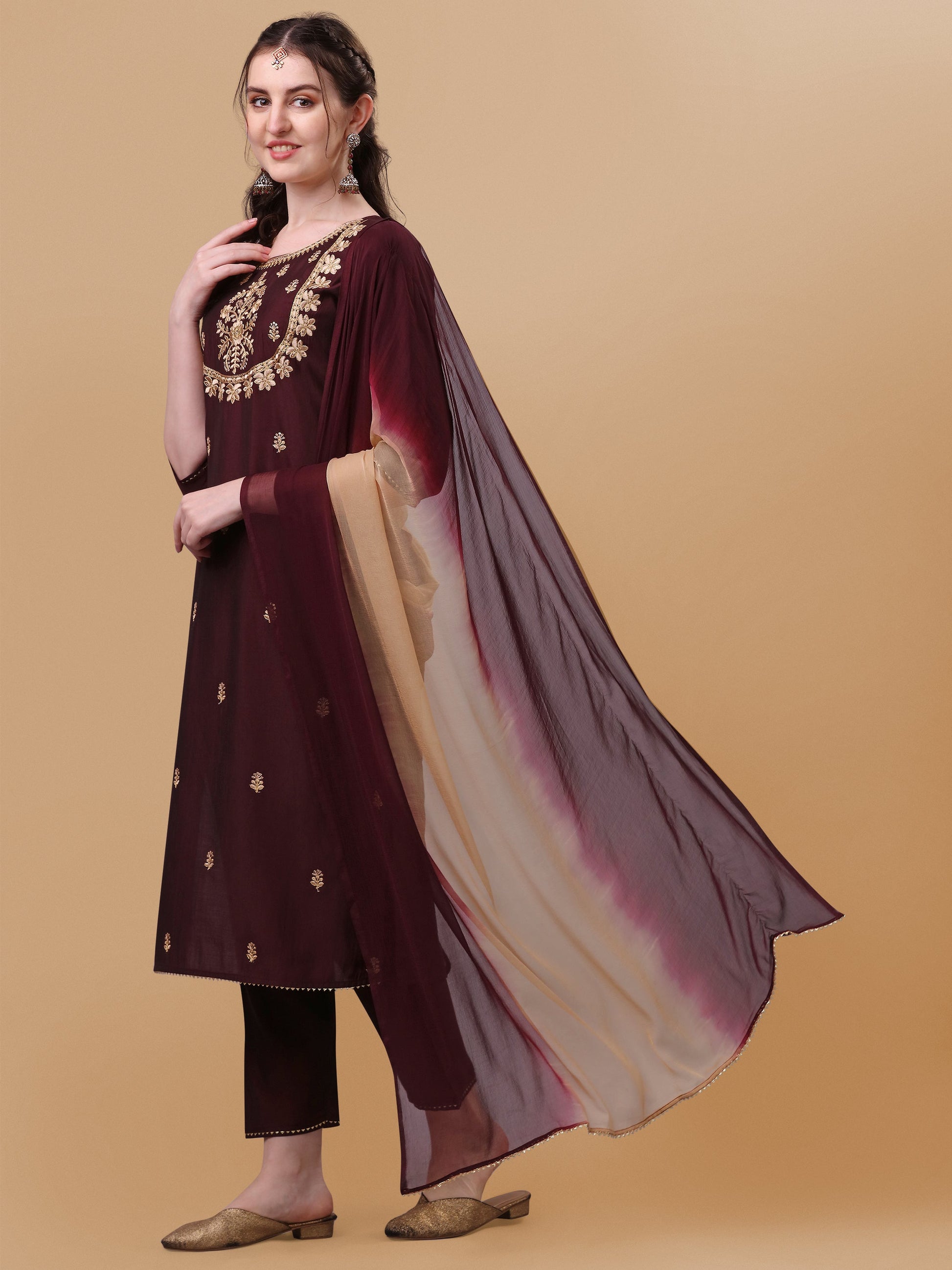 Embroidered Kurta With Pant And Dupatta Set, Multicolor - Hiral Fashion