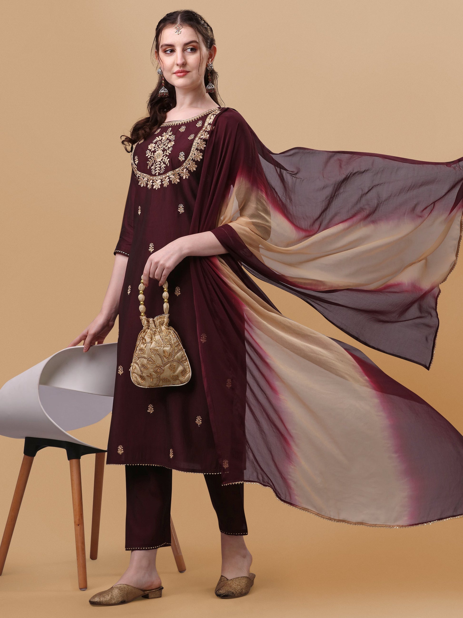 Embroidered Kurta With Pant And Dupatta Set, Multicolor - Hiral Fashion