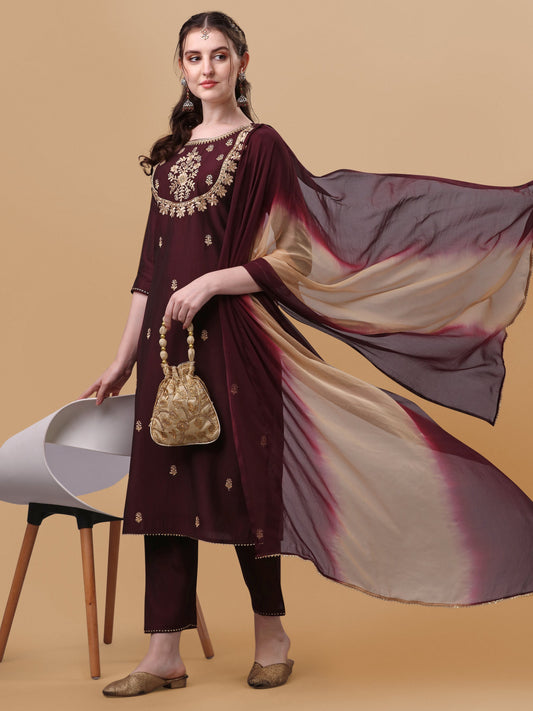 Embroidered Kurta With Pant And Dupatta Set, Multicolor - Hiral Fashion