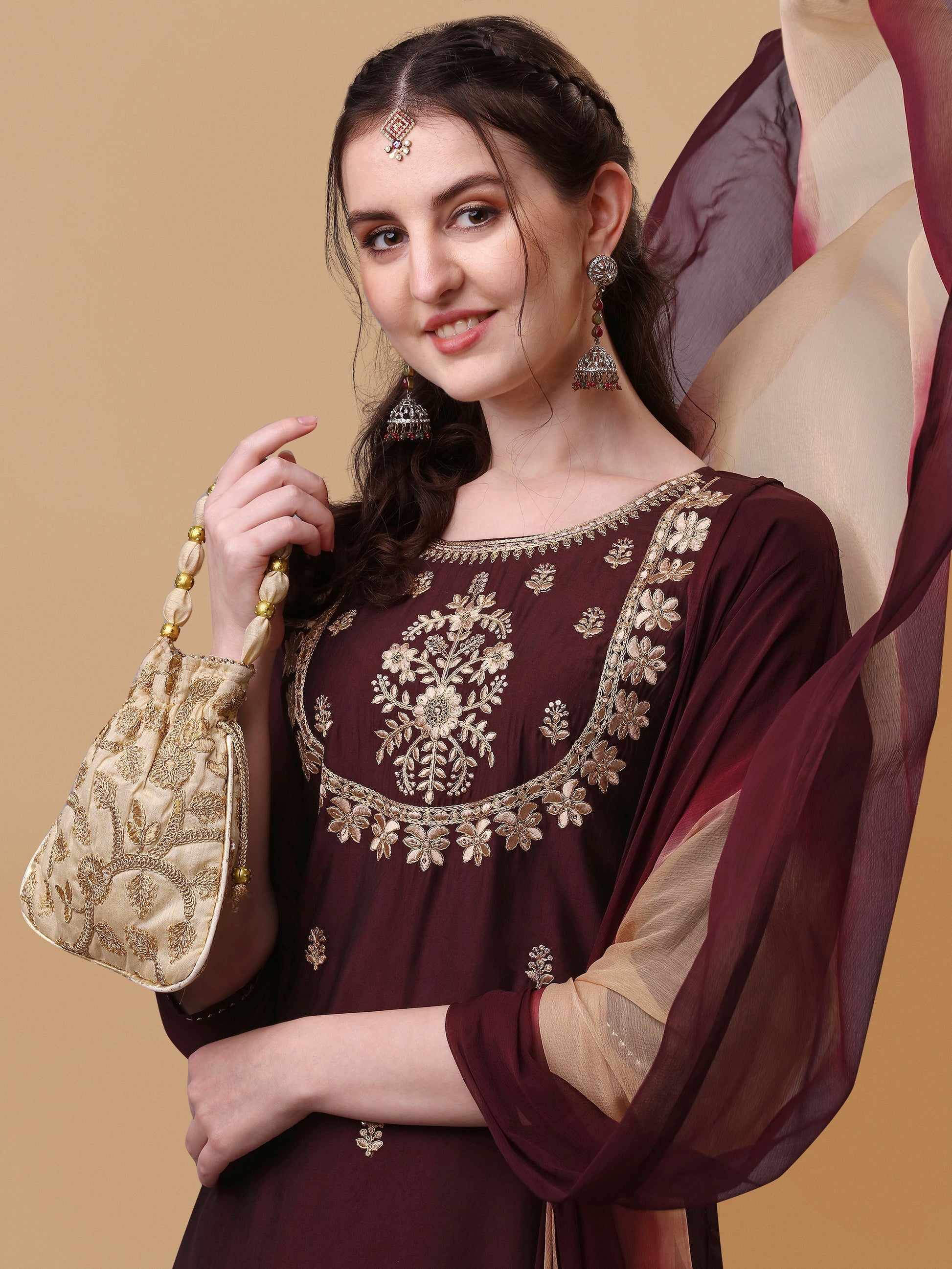 Embroidered Kurta With Pant And Dupatta Set, Multicolor - Hiral Fashion