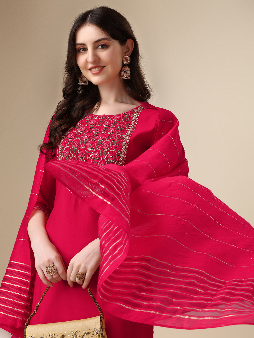 Embroidered Kurta With Pant And Dupatta Set, Multicolor - Hiral Fashion