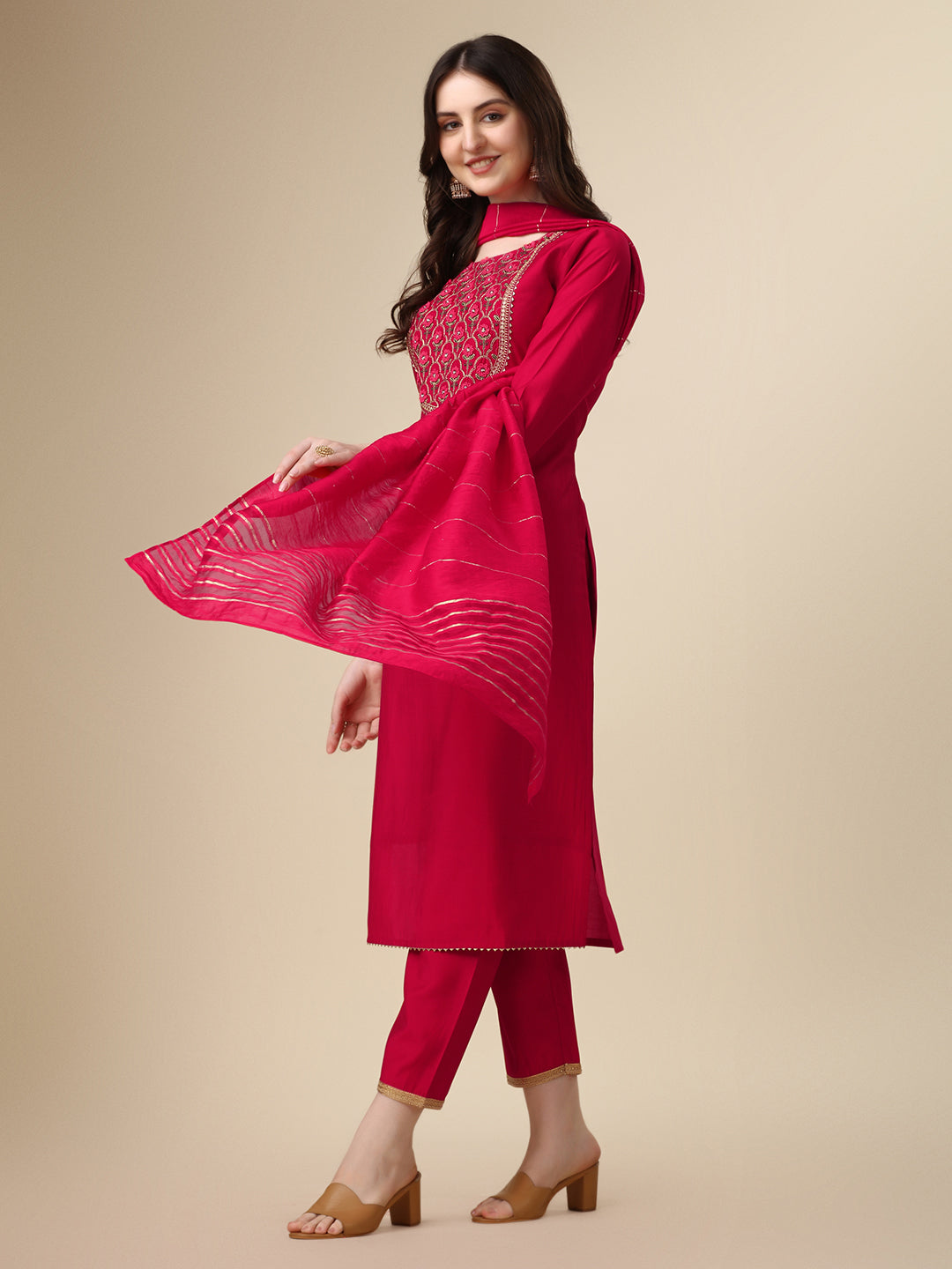 Embroidered Kurta With Pant And Dupatta Set, Multicolor - Hiral Fashion